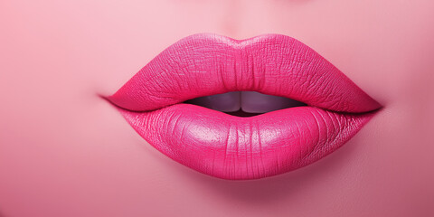 Vibrant pink lips against a smooth background, emphasizing color contrast and high-fashion beauty trends. The image radiates style and cosmetic elegance.