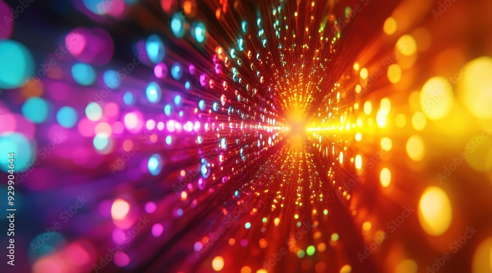 Poster dynamic, colorful abstract light tunnel with vibrant bokeh effects, creating a sense of motion and d