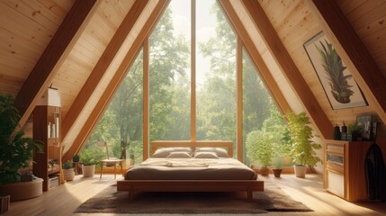 Fototapeta premium A cozy bedroom with a large window, wooden beams, and a bed with pillows and a blanket.