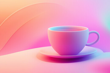 Minimalistic pastel-colored cup and saucer in soft gradients of pink purple, and orange. The abstract background creates a dreamy calming atmosphere, perfect for relaxation themes or branding purposes