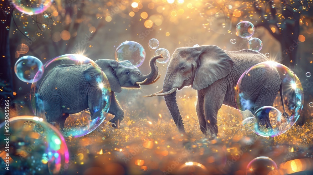 Poster two elephants engage playfully in a whimsical forest, surrounded by vibrant, floating bubbles, creat