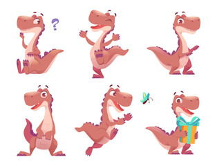 Dinosaur. Cartoon funny fantasy dragon in different poses exact vector cute monster dinosaur © ONYXprj