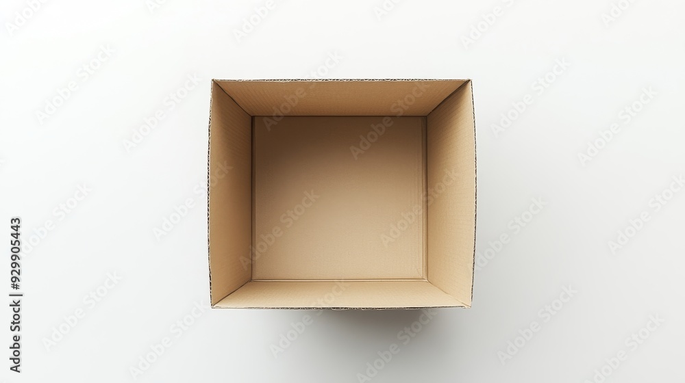 Poster isolated on a white background, a top view of an empty opened cardboard box