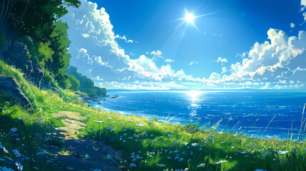 Obraz premium Coastal Path with Wildflowers and Sunlit Sea