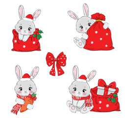 Cute Bunny New Years christmas background. Kids print vector illustration
