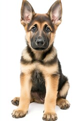 Isolated on transparent background, this adorable German shepherd puppy sits cutely