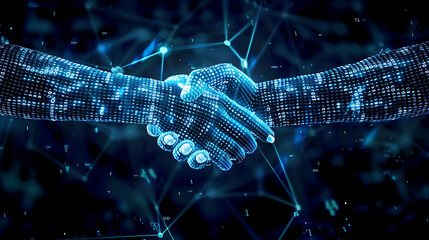 Digital blue handshake with bright binary code, artificial intelligence in virtual business transactions