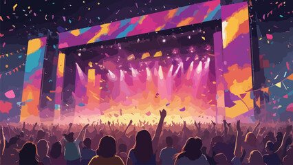 illustration of a music festival with a large, colorful crowd dancing in front of a big stage 