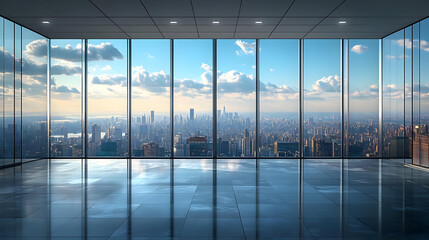 Modern office space with panoramic city skyline view.