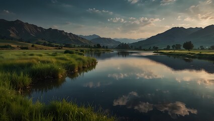Fototapeta premium A serene and peaceful landscape, with rolling hills and a tranquil lake reflecting the beauty of the sky above, dark moody theme
