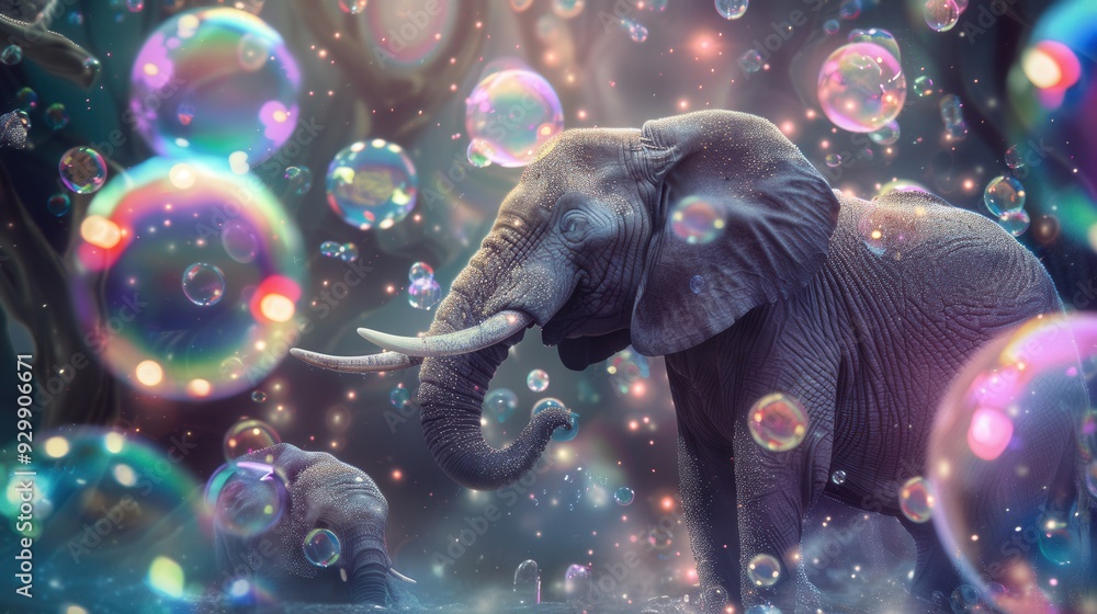 Poster elephants roam freely in a magical landscape filled with vibrant, floating bubbles that create a dre