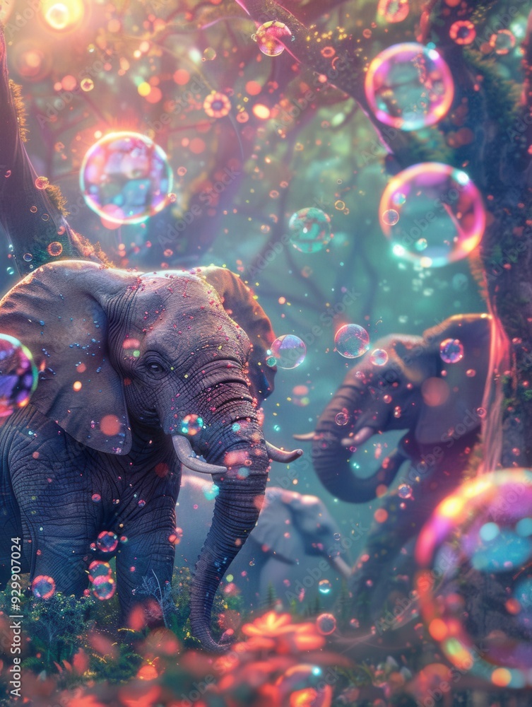 Poster Two elephants interact playfully in a magical forest, surrounded by colorful floating bubbles under a mesmerizing sunset. Generative AI