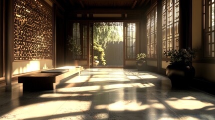 Sunlight streams through windows in a traditional Chinese house. The wooden floor and latticework create a sense of tranquility.