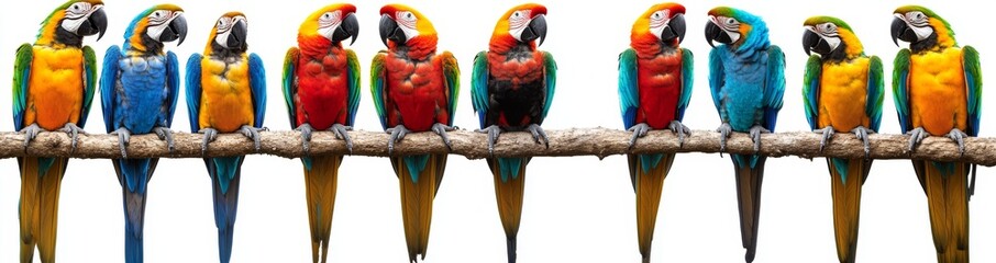 Fototapeta premium Two scarlet macaws and a green parrot on a branch, isolated on white