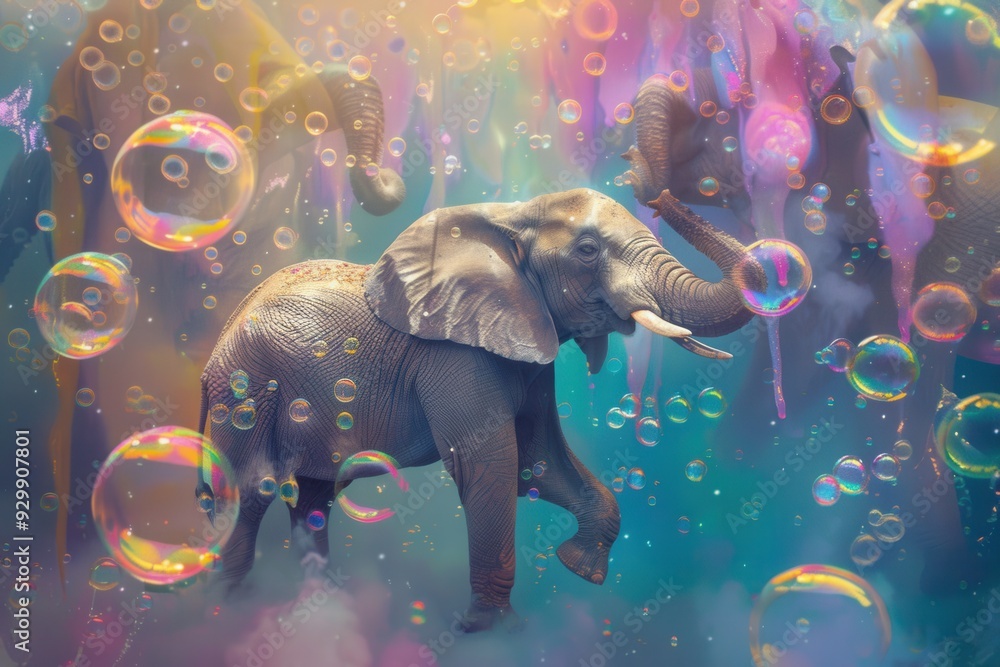 Aufkleber elephants playfully wander through a magical setting filled with vibrant, floating bubbles, creating