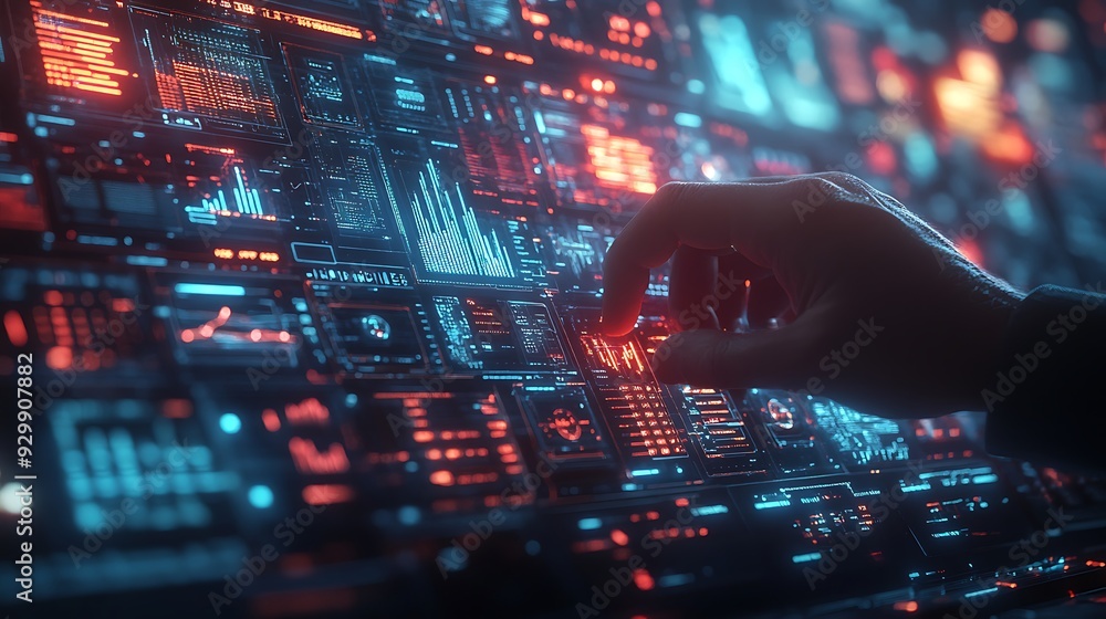 Poster futuristic technology interface with hand interacting with data