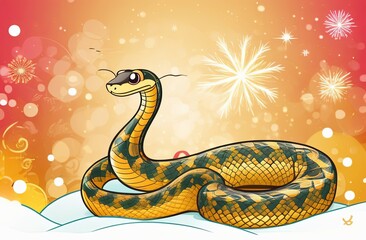 Obraz premium 2025 Year Symbol Card Adorable Snake on Red Background, Christmas and New Year