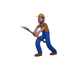 Male Agricultural Professional in 3D. A farmer in a hunched position, holding a pitchfork with both hands. Farmer Cartoon