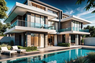 Fototapeta premium modern house with garden and sky, sunset, modern house exterior design