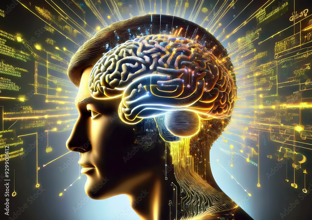 Poster conceptual illustration of the human brain against the background of mathematical formulas and diagr