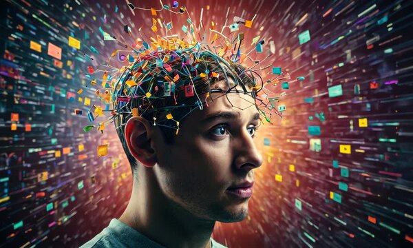 A young man contemplates the whirlwind of ideas and inspiration, surrounded by vibrant bursts of creativity and digital symbols reflecting innovation