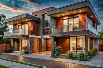 Fototapeta premium modern house in the city, garden and sky, modern house exterior design