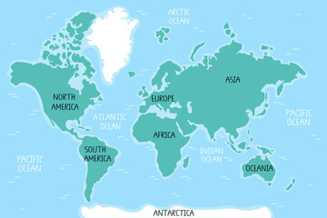 An illustration of cartoon educational world map for children. Banner and poster for nursery. America, Europe, Asia, Africa, Oceania, Antarctica.