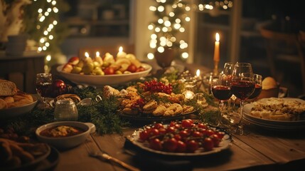 Naklejka premium Festive Holiday Feast with Candlelight and Christmas Decorations