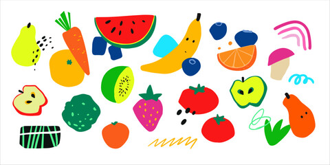 Abstract food flat style set, hand drawn shape, vegetable, fruits, elements for decoration, vector