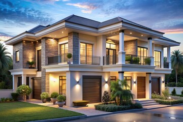 The front view of a newly built home is enhanced by a picturesque surrounding of vibrant green grass and a clear blue sky at sunrise. This appealing exterior beckons potential buyers or renters