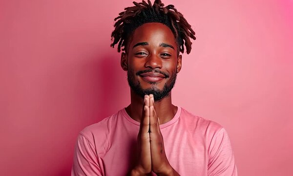 A cheerful young man poses with hands together, exuding happiness and warmth in a bright pink setting, radiating positive vibes and creativity