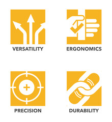 Hand tool characteristics icons for labeling, negative space and square shape