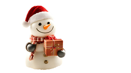 A snowman holding a christmas gift box
