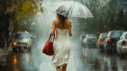 Fototapeta premium Elegant woman in a white dress, holding an umbrella and red handbag, walking in heavy rain, realistic oil painting effect, wet street scene, blurry background