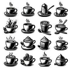 Fototapeta premium Coffee and tea cup logo Silhouette line art vector illustration on a white background. Coffee and tea set