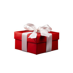 Obraz premium Red gift box with white ribbon isolated on Transparent background. Generative AI