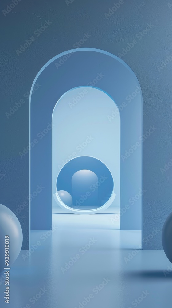 Aufkleber Soft blue tones create a tranquil atmosphere with rounded arches and smooth spheres arranged harmoniously throughout the setting