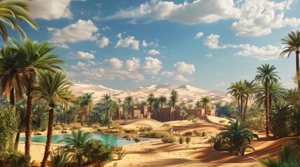 Fototapeta premium Panoramic view of a lush desert oasis surrounded by sandy dunes