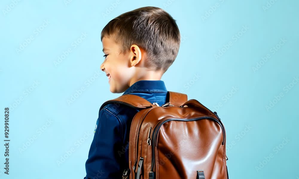 Sticker Back to school. Little boy with backpack on blue background. Back to school concept