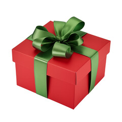Red gift box with green ribbon isolated on Transparent background. Generative AI