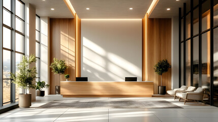 Fototapeta premium Modern reception area with wooden accents and large windows.