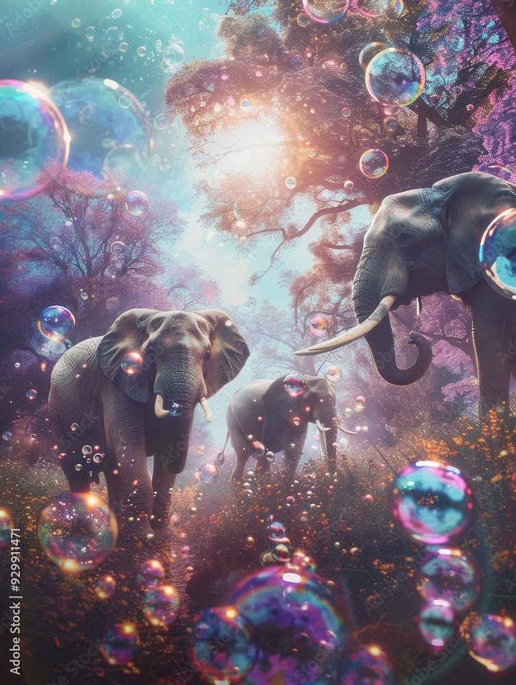 Poster elephants wander through a fantastical setting, surrounded by vibrant, floating bubbles that shimmer