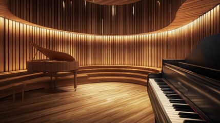 Modern piano room with wooden walls and a black grand piano.