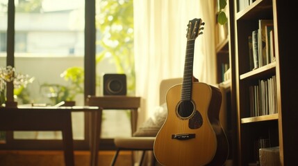 An acoustic guitar rests on a chair next to a bookshelf with books, in a sunlit room.