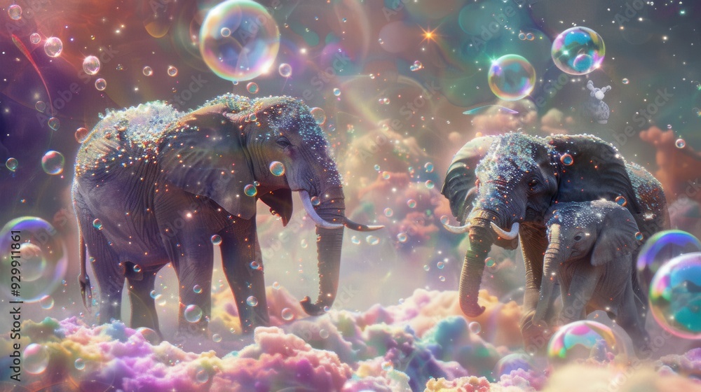 Poster elephants frolic together in a fantastical setting surrounded by vibrant, floating bubbles and soft,
