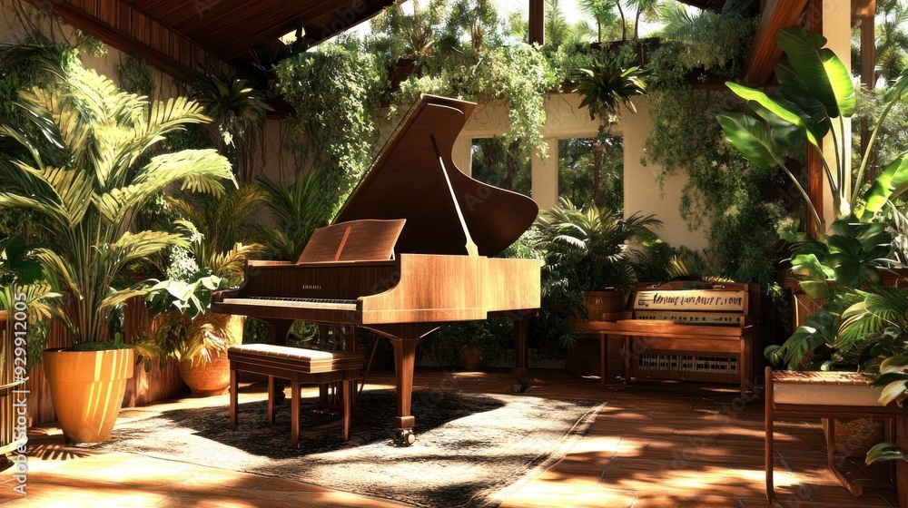 Sticker A grand piano sits in a sunlit room surrounded by lush greenery and potted plants.