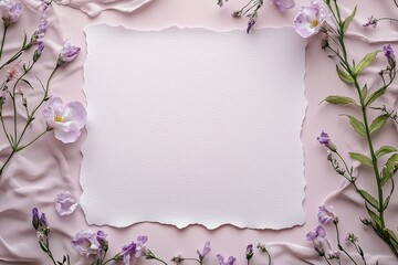 Blank White Paper Surrounded by Delicate Purple Flowers on a Soft Pink Background