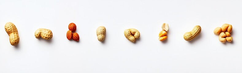 The set of peanuts is isolated on a transparent background.