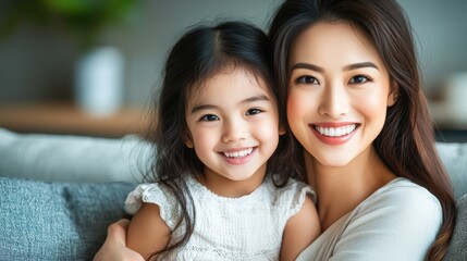 Smiling Asian mother and daughter embracing on a couch, showcasing a happy and loving family relationship in a bright home setting.