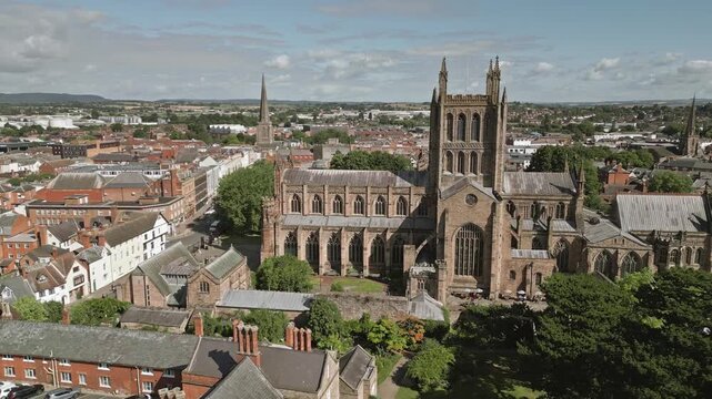 Aerial view, Hereford Cathedral, Herefordshire, England, UK